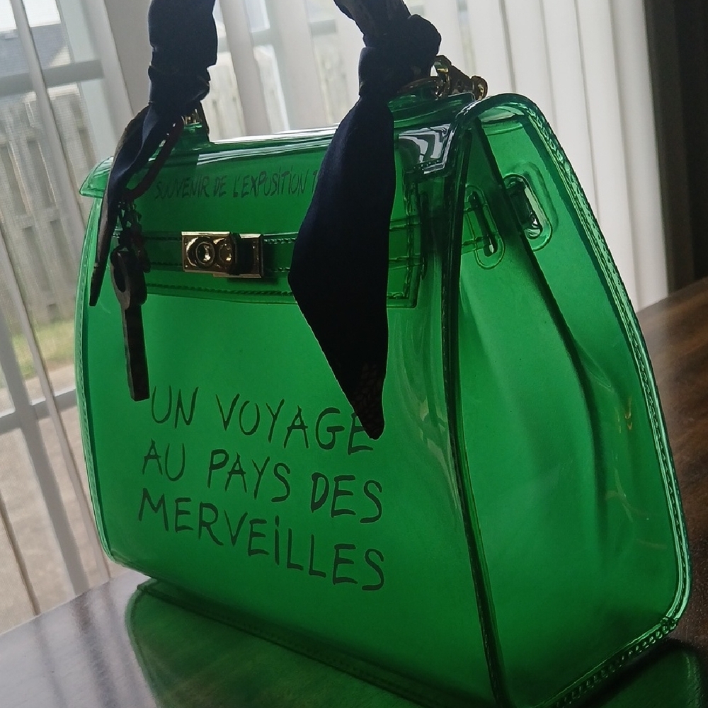 Designer Green Transparent Tote Bag with Scarf Handle - Picture 6 of 7